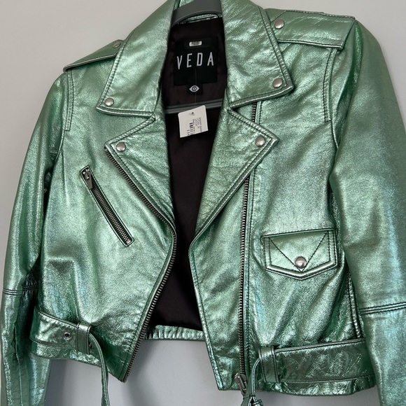 VEDA Women's Light Green Metallic 100% Genuine Lamb Leather Moto Jacket NEW - Picture 2 of 9